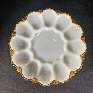Anchor Hocking Fire King Deviled Egg Plate Milk Glass Dish With Gold Trim #896